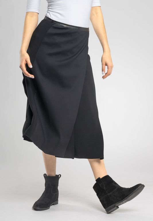 Masha Black a Line Split Midi Skirt - Chic Italian Viscose Fabric With Eco-Leather Waistband, Made in Italy